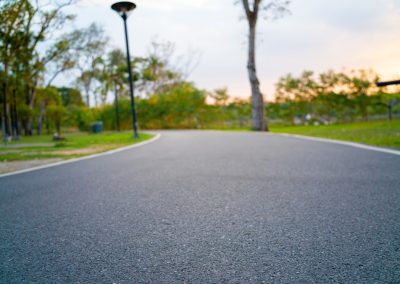 A paved path in a park with trees and a lamppost, under a cloudy sky at sunset.