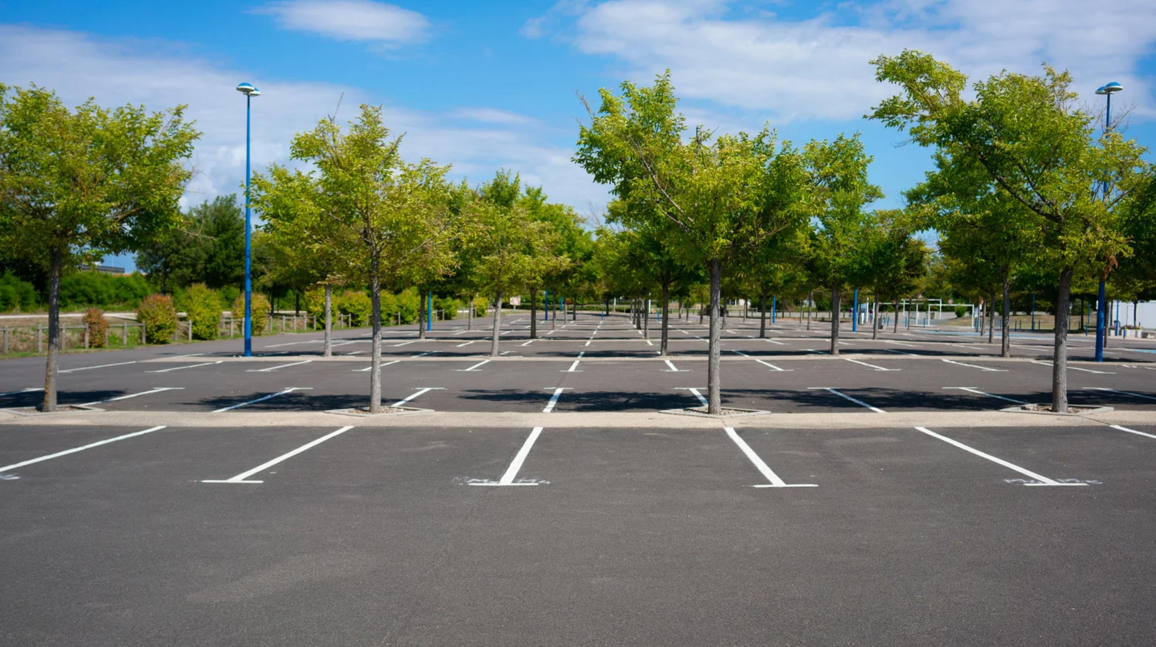 Empty parking lot with neatly lined spaces and rows of green trees under a blue sky with scattered clouds.
