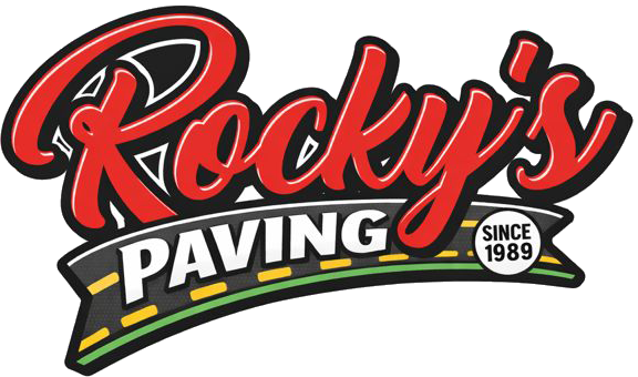 Logo for "Rocky's Paving" with a road graphic and text "Since 1989.